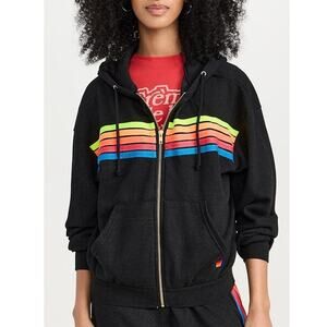 NWOT Aviator Nation 5 Stripe Relaxed Zip Hoodie Fleece In Charcoal Size Small